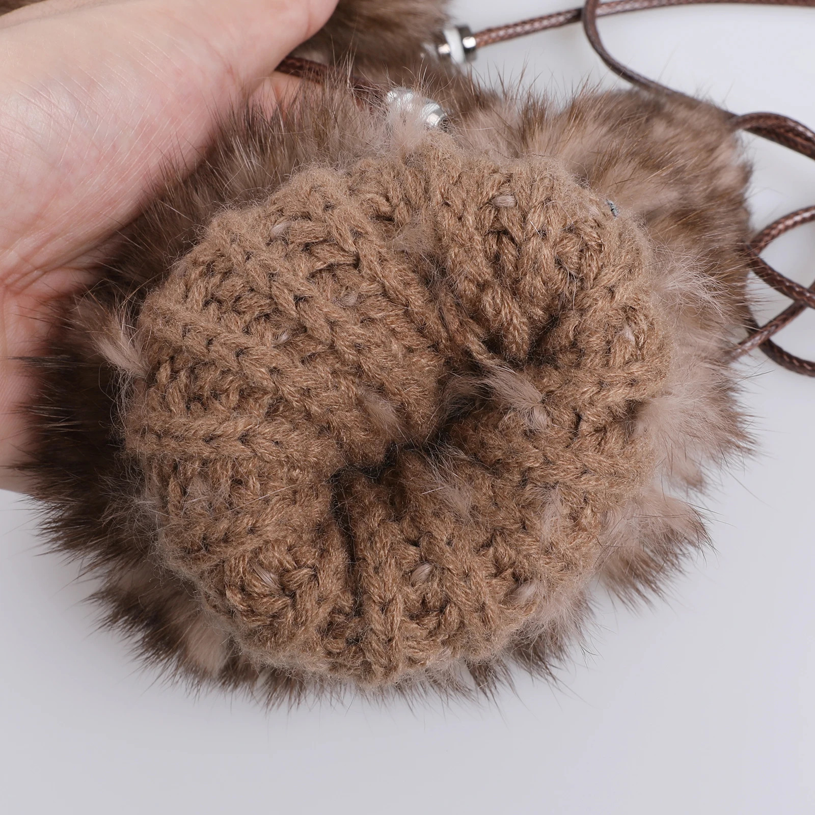 Womens Genuine Rabbit Fur Knitted Mittens-Soft Winter Cold Weather Gloves-Removable Rope String 241212