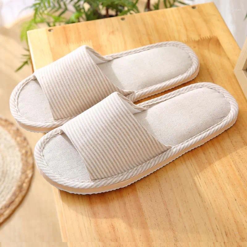 Slippers 2024 All Seasons Women's Linen Men Comfortable Slides Adults Open Toe Soft Flats Silent Home Sandals Couples Shoes