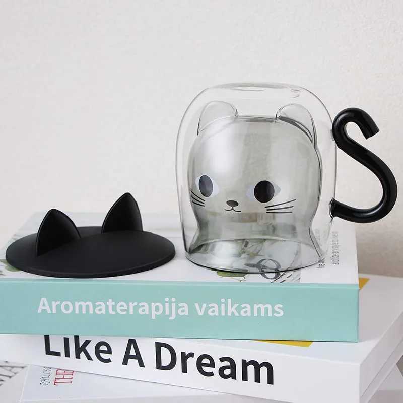 Cute dual wallet coffee cat g with handle Kawaii cat with lid teacup cute cat lover birthday gift Y241211