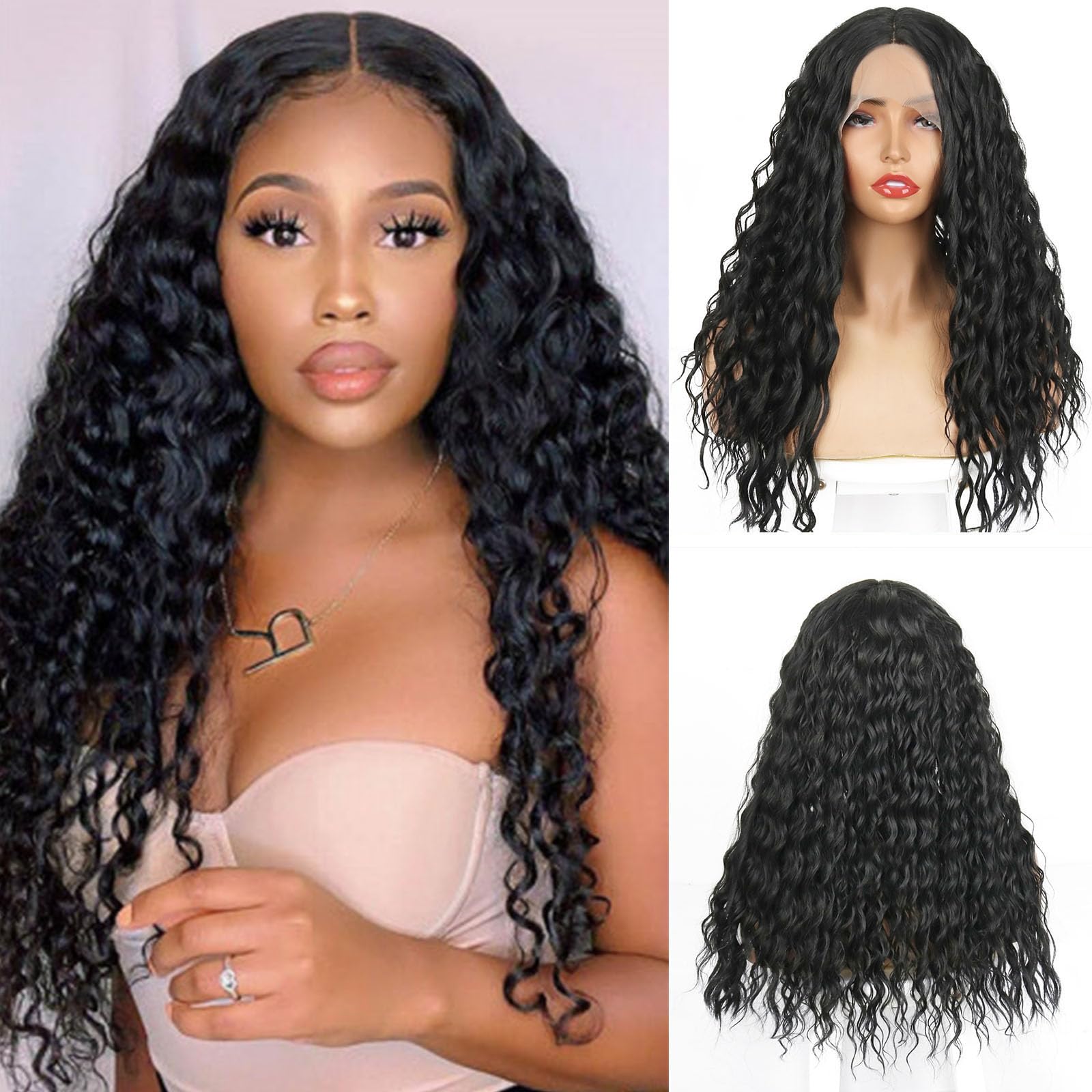 34Inch Long Natural Deep Wave Synthetic Wig 13x4Lace Front Black Curly Wigs 200Density Heat Resistant Fiber For Black Women