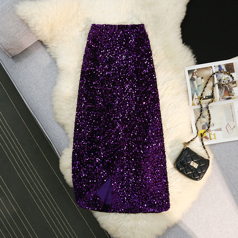 D3028Black skirt shiny long skirt large size shiny skirt spring autumn winter