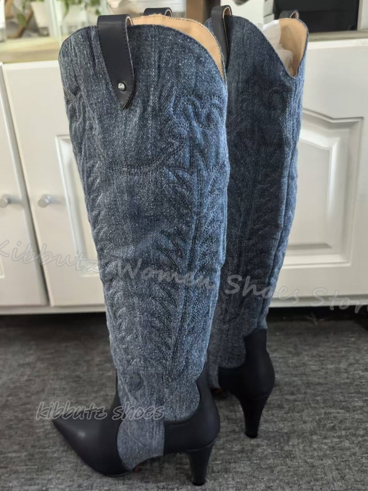 Totem Cowboy Knee High Boots Vintage Concise Elegant Fashion Slip-On Pointed Toe Thin Heels Women Shoes New Solid Color