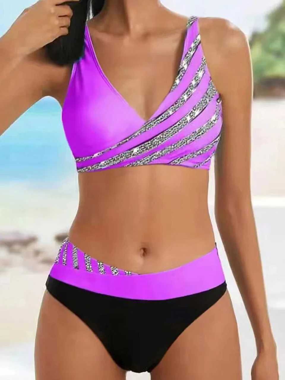 V Neck Bikini Set 2024 Women Stripe Print Patchwork Swimwear Summer Beachwear Swimsuit Fa Bathers Bathing Swimming Suit 2XLXJ241212
