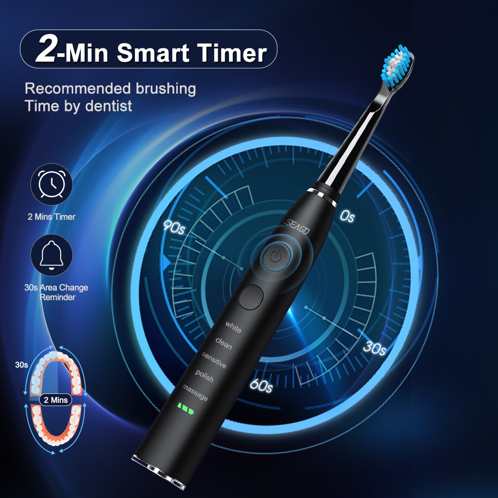 Seago Electric Sonic Toothbrush USB Rechargeable Adult 360 Days Long Battery Life Ipx7 4 Replacement Heads Travel Box Sg-575