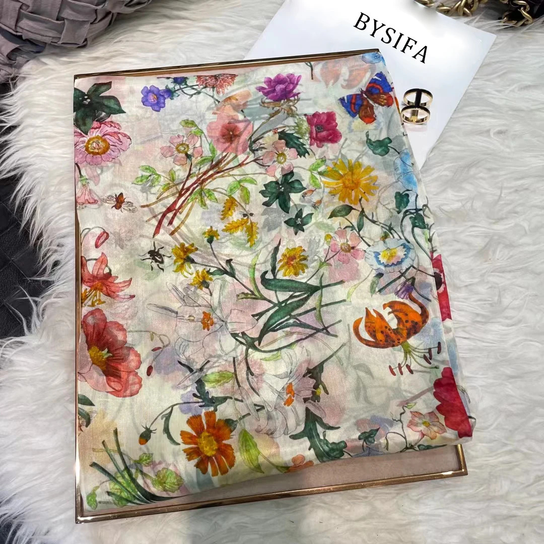 White 100% silk scarf womens scarf Bufandas summer beach shawl Foulard autumn and winter flower long neck scarf headscarf 241211
