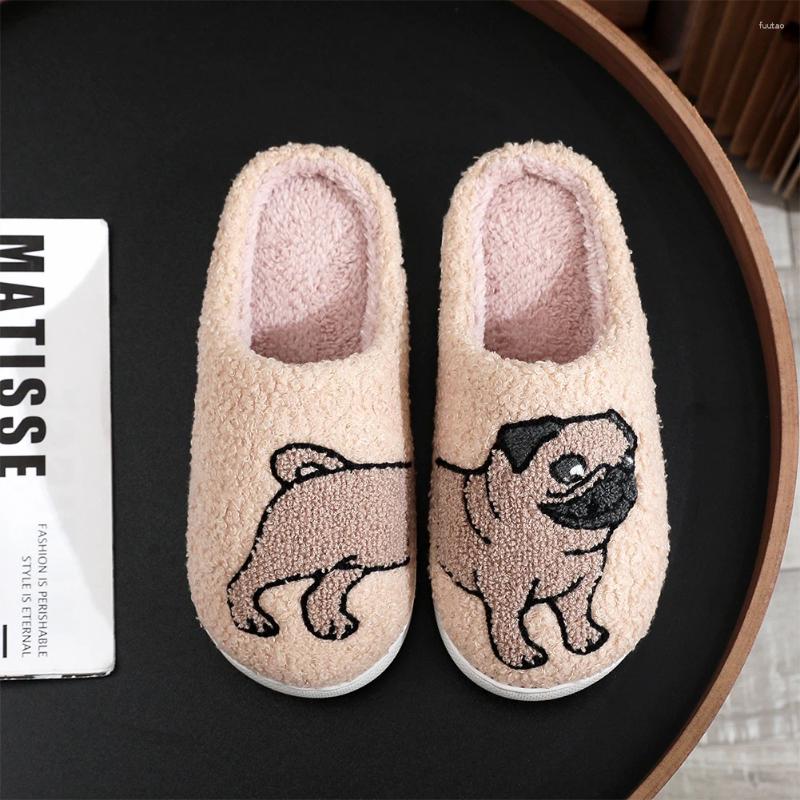 Slippers Plush Pug Comfortable Slip-on House Shoes Anti Slip Flat Thermal Fluffy Couple For Autumn Winter