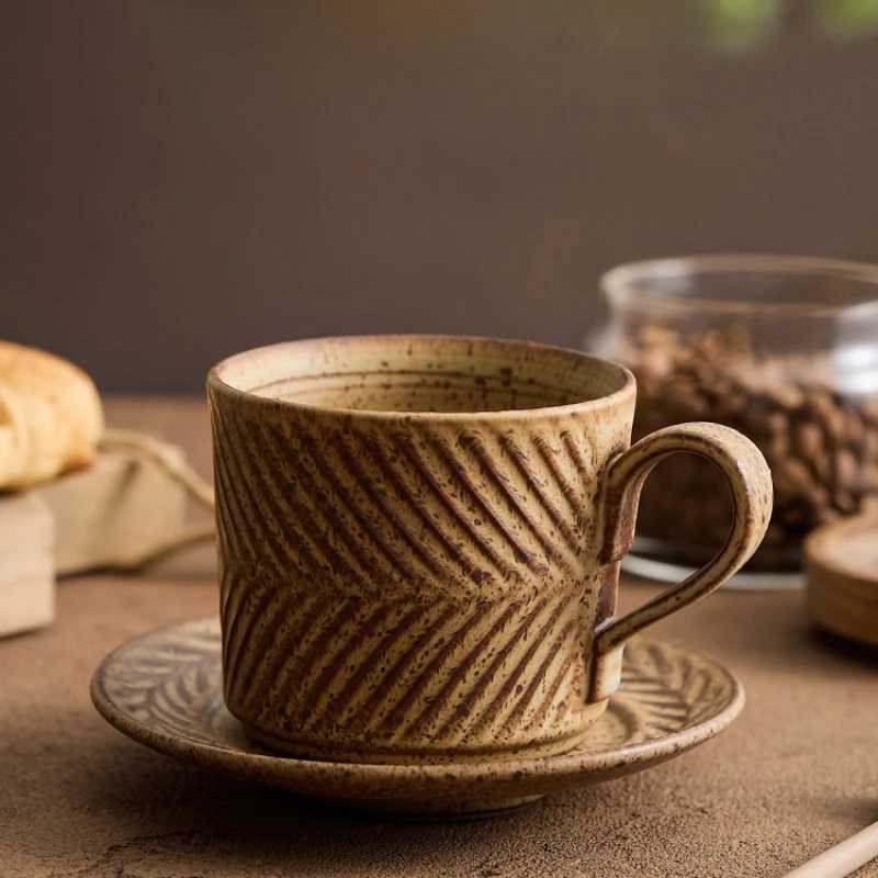 Light Luxury high-end afternoon tea ceramic cup and sauce set home high-end g retro coffee stone product cup Y241211