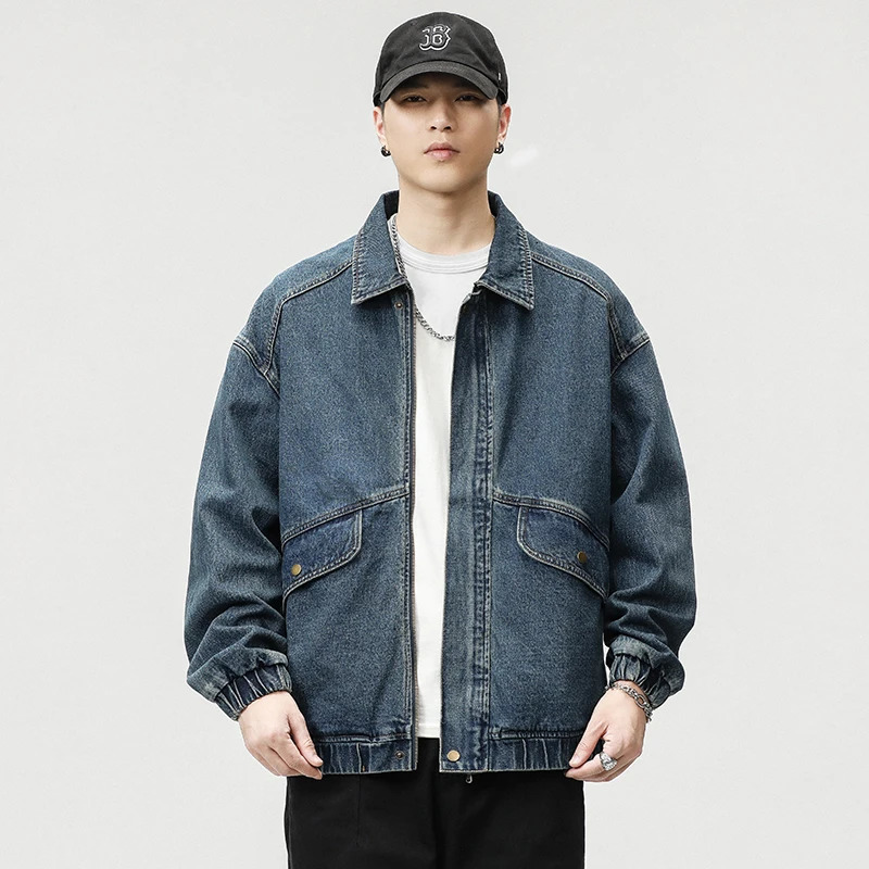 Autumn Mens Denim Jacket Retro Large Pocket Elastic Cuff Pocket Coat Extra Large Japanese Casual Street Wear 4XL 5XL 241211