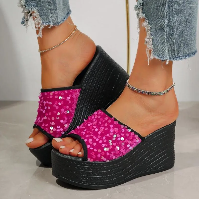 Slippers 2024 Women's Wedges Sequins High Heels Leisure Fashion Summer Sandals Outdoor Platform Mules Women