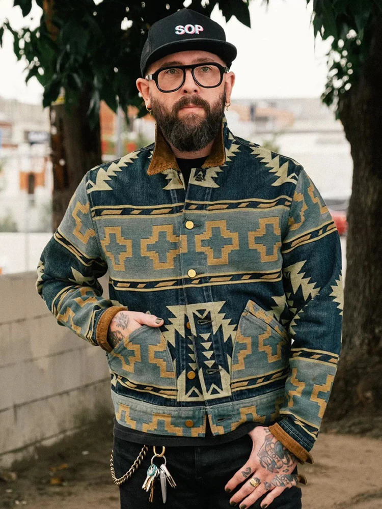 RRL 30th Anniversary Western Jacquard Heavy duty Laundry Denim Jacket American Retro Coat Corduroy Collar 241211