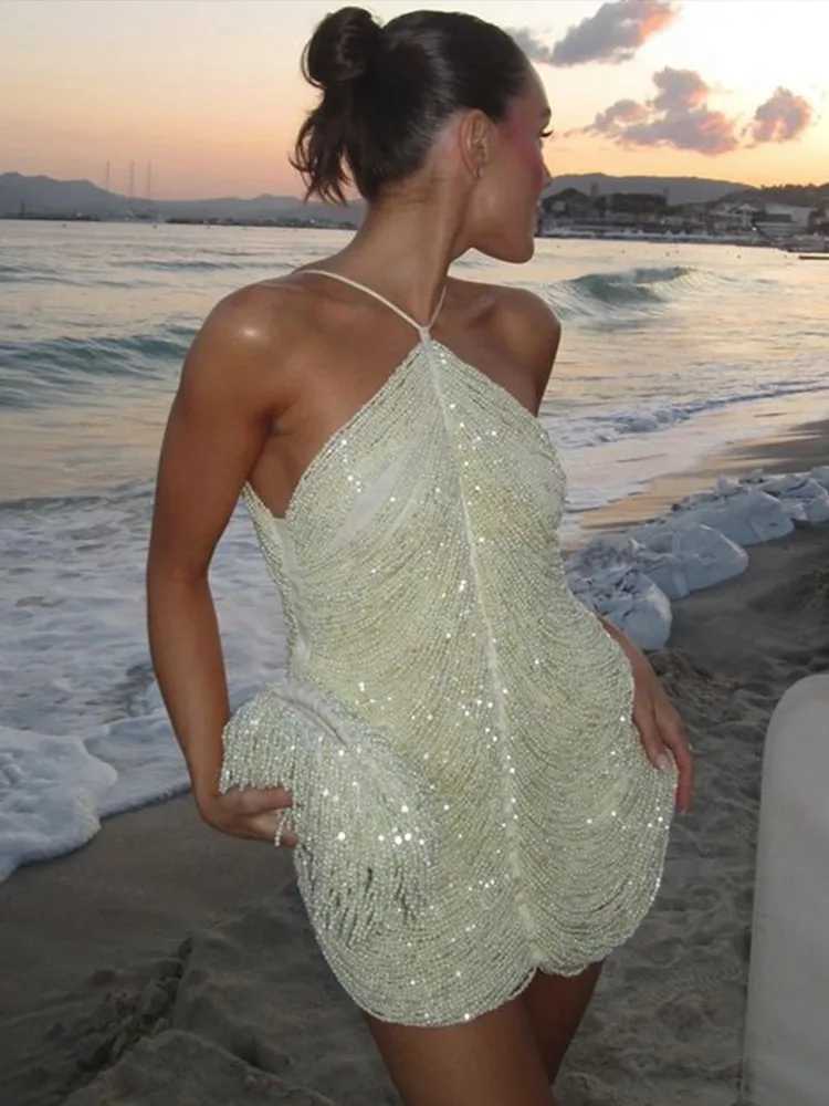 Urban Sexy Dresses Sexy Halter Sequin Tassel Party Dress Women Slim Slveless Backless Hip Package Mini Dresses 2025 Chic Club Evening Vestidos Y241212