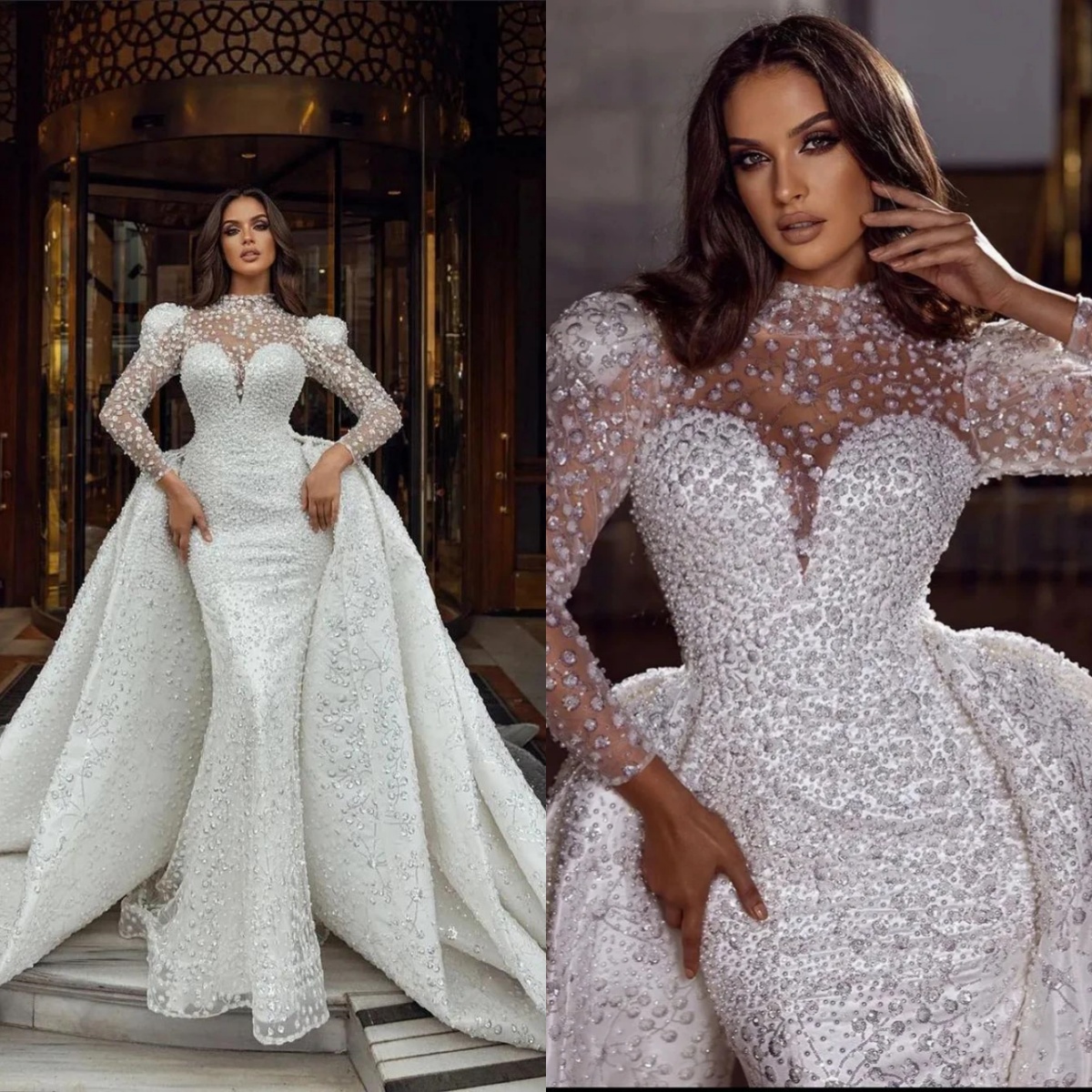 Vintage Mermaid Wedding Dresses For Women High Collar Long Sleeves Gown Sequins Applique Detachable Train Customized Dress Party Vestido De Novia