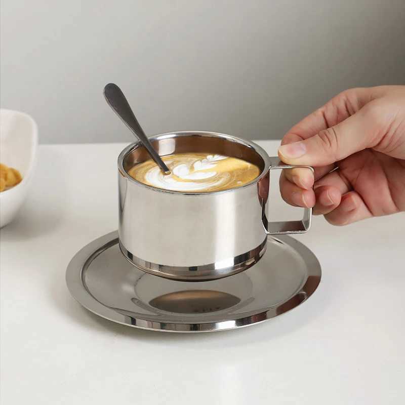 3 pieces/set of new stainless steel coffee cups with tray mixing spoon double wall Crazy Milk Tea G household water cup Y241211