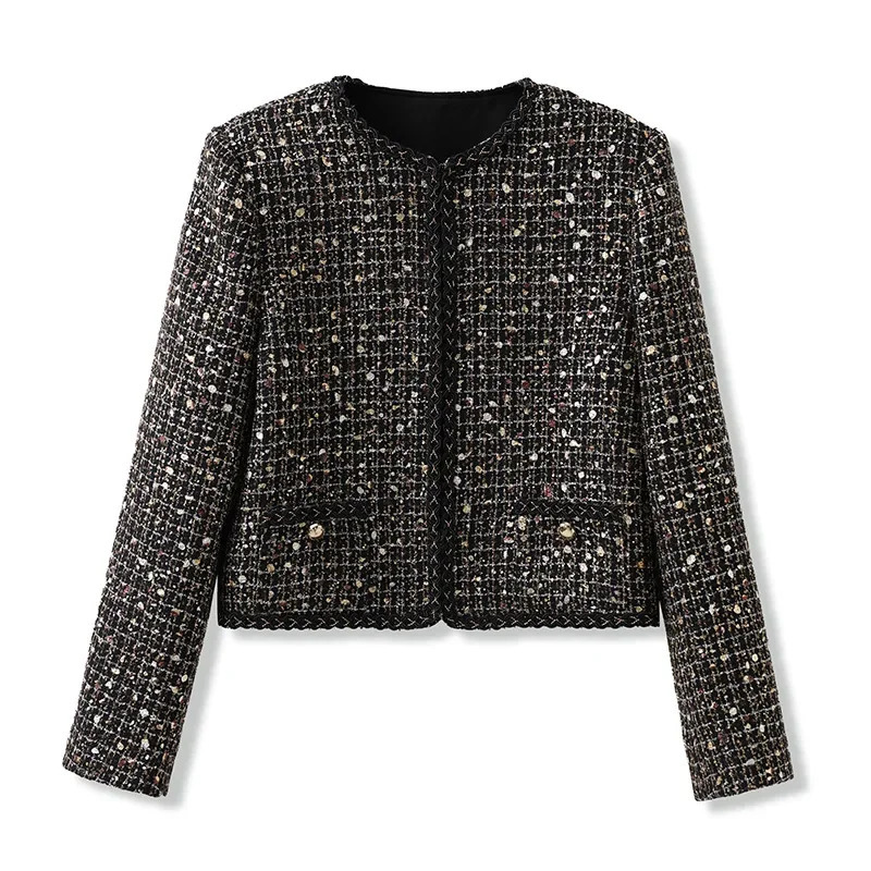 Womens Blingbling Crystal Short Tweed Jacket and Mini Skirt Dress Set Highend Clothing Sequins Early Autumn 3 Piece 241211