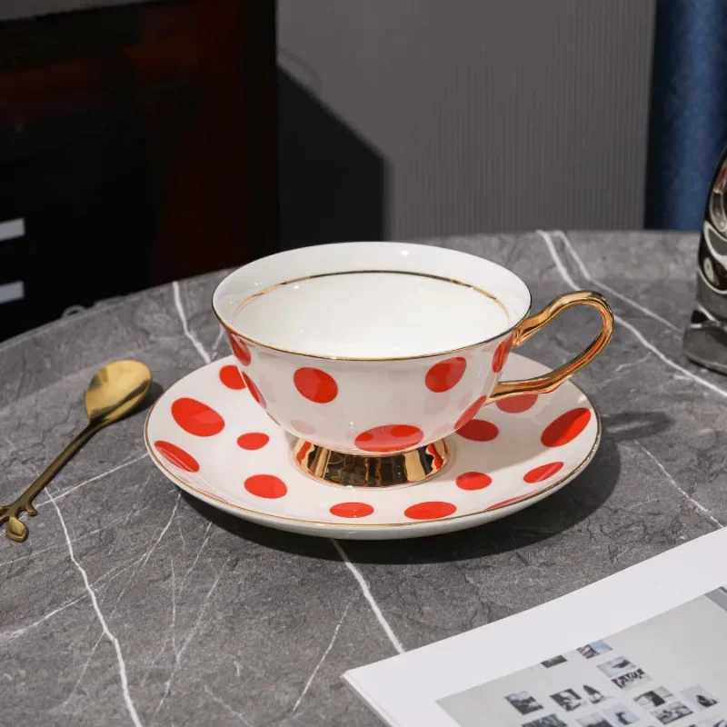 European style black and white polka dot gold-plated bone coffee cup -200ml lightweight luxury afternoon tea g used for coffee Y241211