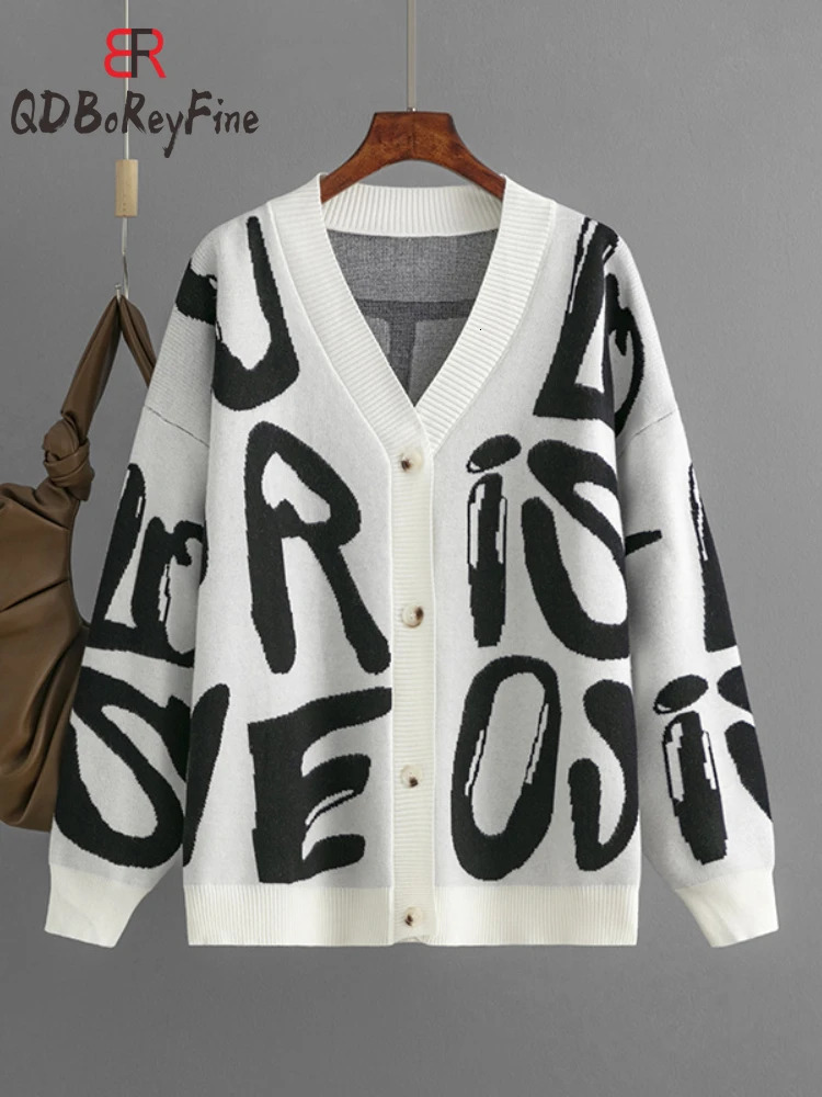 Winter Autumn Women Oversized Cardigan Letter Printed VNeck Korean Fashion Long Sleeve Tops Casual Knitted Sweater for 241211
