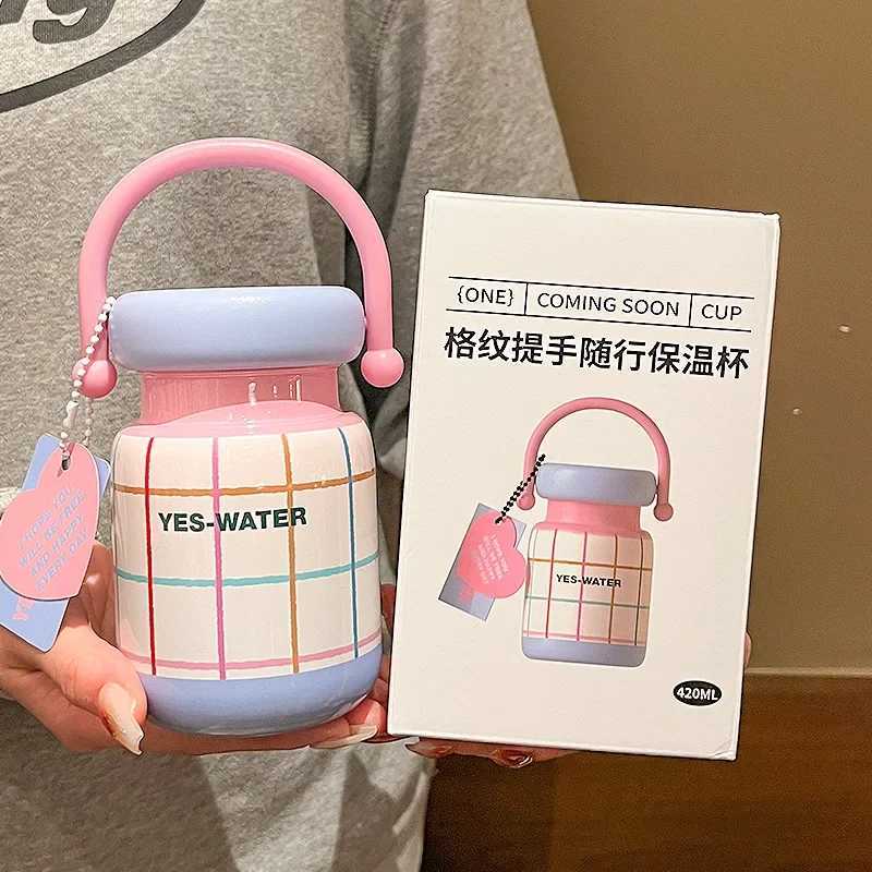 Checkered Handle Accpaning Thermos Cup for WenHigh-lookingFreshStudentPortable Stainless Steel Thermos Cup Y241211