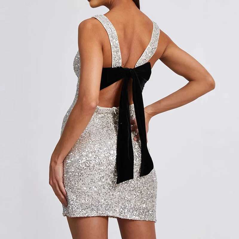 Urban Sexy Dresses Casual O Neck Sequin Slim Evening Dress Sexy Hollow Out Backless Bow Mini Dress Fashion Slveless High Waist Cocktail Dresses Y24121