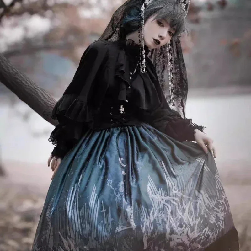 Japanese Kawaii girl cute Lolita lantern sleeves summer Y2K fashion lace patch work shirt top women JK loose blue shirt 241211