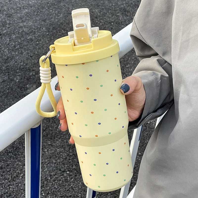 1Pc girl polka dot stainless steel insulated cup 750ml car cup desktop coffee cup water cup Y241211