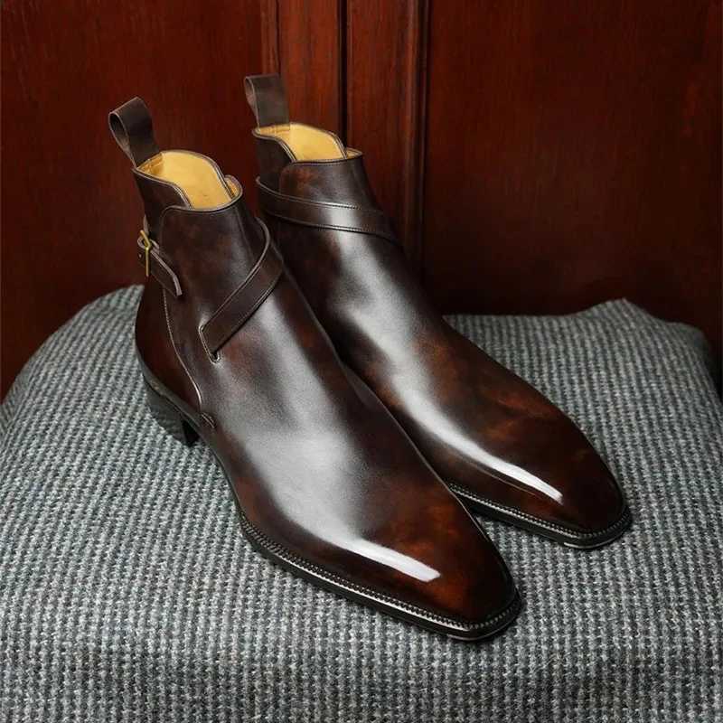 New Brown Short Boots for Men Black Buckle Strap Fi Ankle Boots Business Square Toe Men BootsXJ241212
