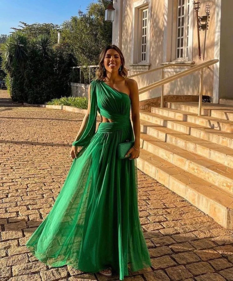 Fashionable Green Ribbon Party Sexy One Shoulder Hollow Evening Elegant Sleeveless Womens Ball Dress 241211