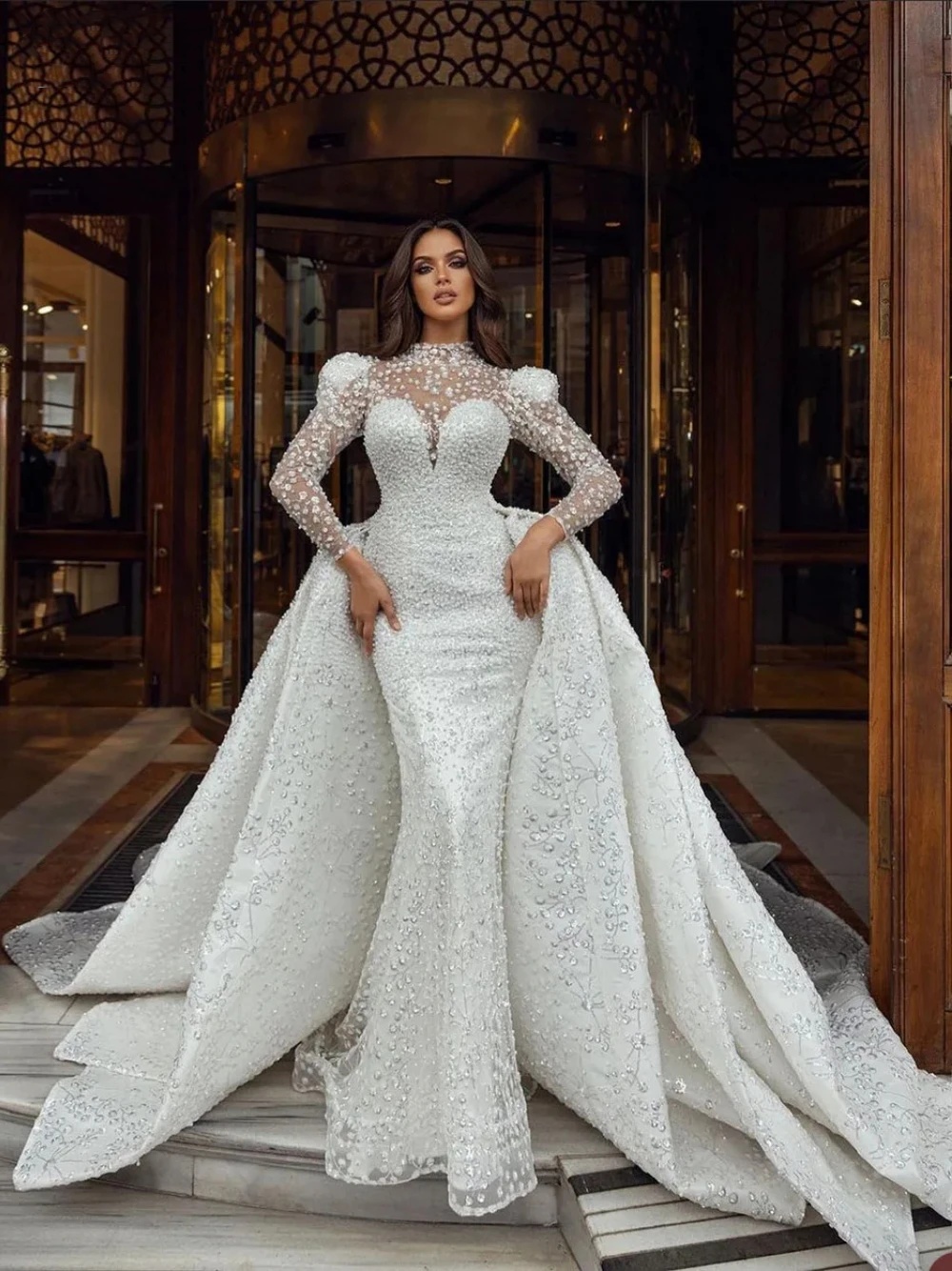 Vintage Mermaid Wedding Dresses For Women High Collar Long Sleeves Gown Sequins Applique Detachable Train Customized Dress Party Vestido De Novia