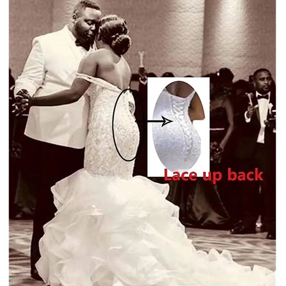 Exquite Ruffles White Mermaid Wedding Dresses Off The Shoulder Beaded Lace Appliques Long Bridal Gowns Tiered Long Train African Bride Formal Wear 202