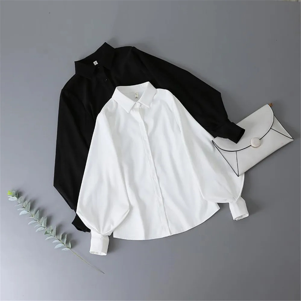 Korean style womens lantern sleeves loose collar simple solid womens shirt autumn full matching fashion 241211