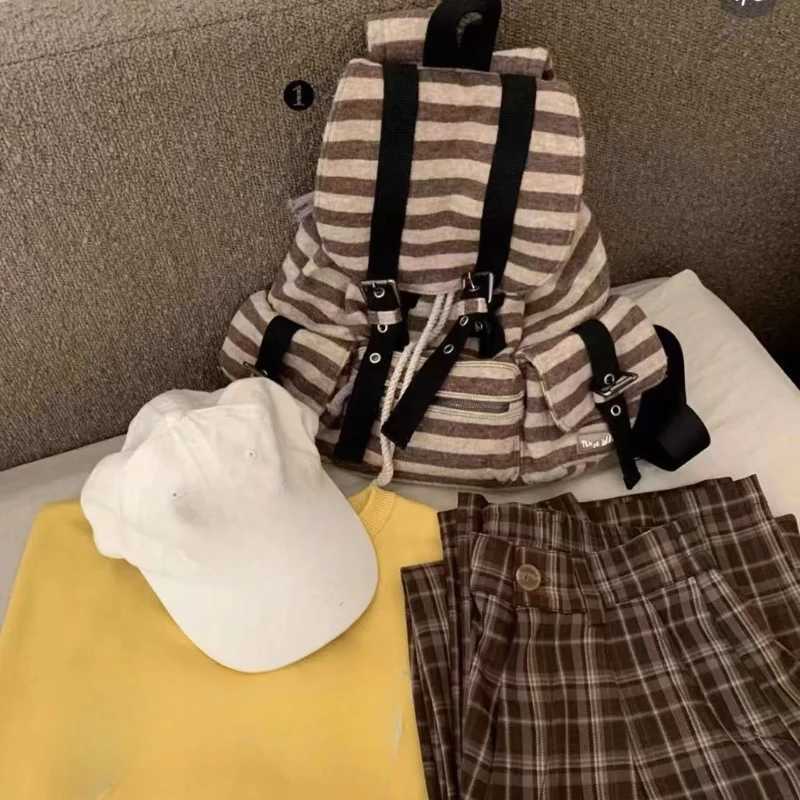 Vintage Y2k Ahetic Casual Backpack Wen Students All Mah Backpacks Ctrast Color Striped Fem Schoolbags Fi Trendy Z241212