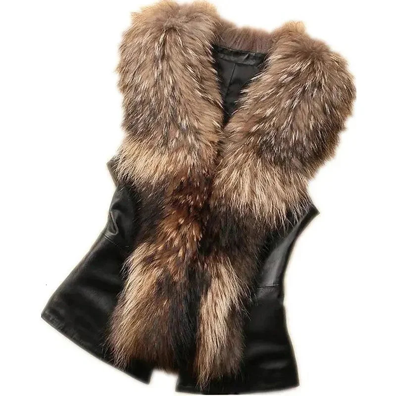 Female Splicing Together Waistcoat Top Coat Autumn Winter Ladies Leather Fur Sleeveless Jacket Women Large Size 5XL Vest Outwear 241211