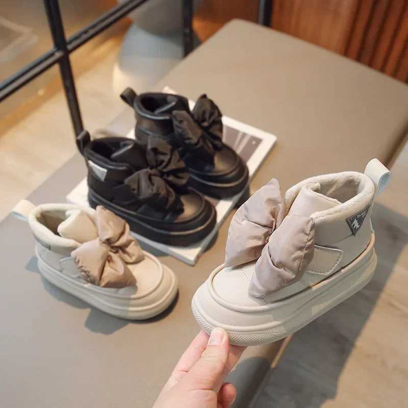 Boots Girls Bow Hook Loop Versatile Soft Princess Shoes Autumn Winter New Children Fashion Kids 2024 Non-slip H241212SY4A