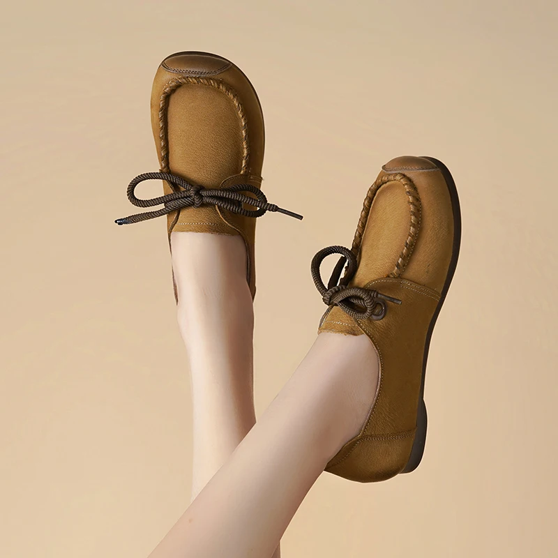 AIYUQI Women's Loafers Spring Genuine Leather Casual Shoes Women Lace-Up Retro Flat Shoes Women