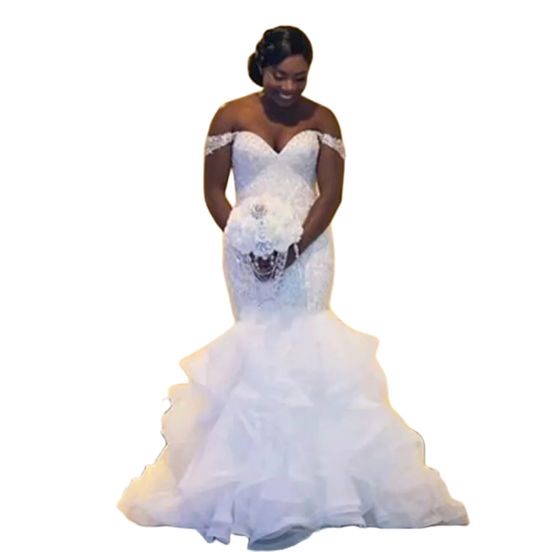 Exquite Ruffles White Mermaid Wedding Dresses Off The Shoulder Beaded Lace Appliques Long Bridal Gowns Tiered Long Train African Bride Formal Wear 202