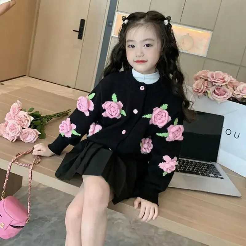 Girl Sweater 2023 Girl Sweater Knitwear Spring and Autumn New Cardigan Thickened Foreign Children Coat Handmade Children SweaterXJ241212