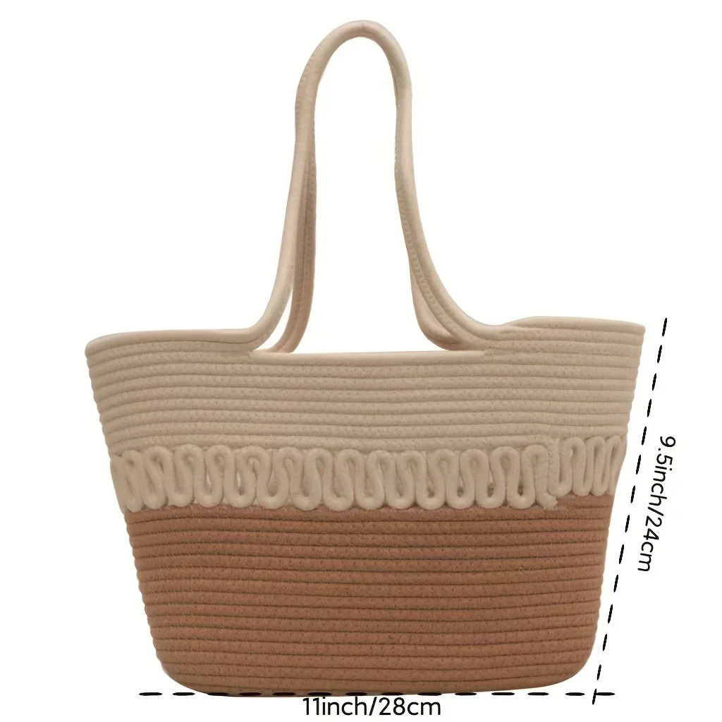 Knitting Kits Fabric Khaki Beach Bag Large Capacity Handmade Straw Summer Holiday Leisure Women Bags Shopping 241203
