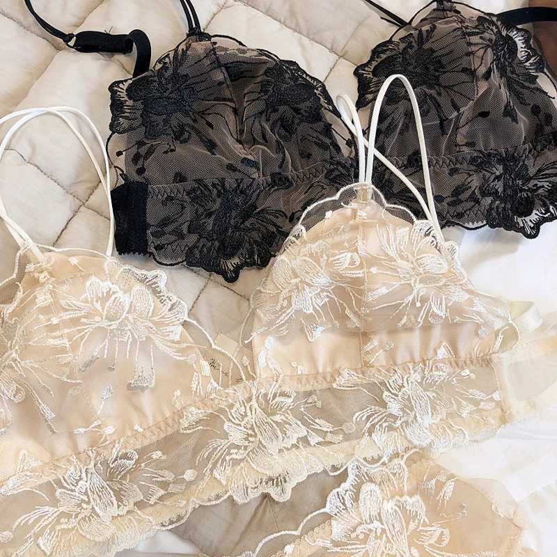 French Lace Flowers Embroidery Bra Set Sexy Ultra Thin Women Underwear New Triangle Cup Wire Free Bralette Romantic Lingerie SetXJ241212
