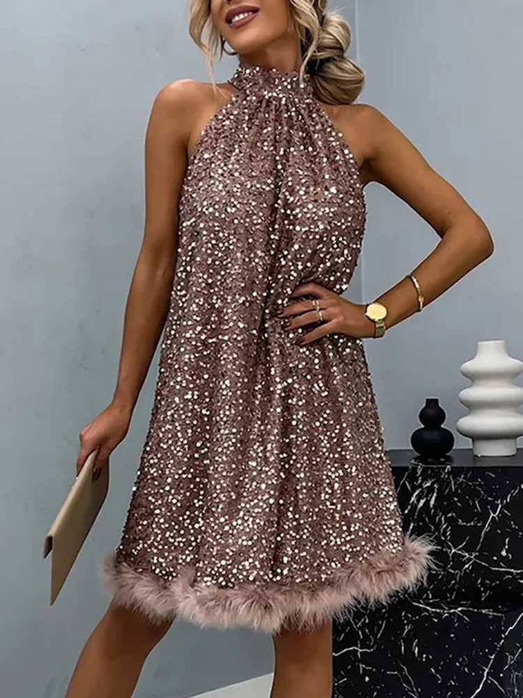 Urban Sexy Dresses 2025 Full Sequins Patchwork Tassel Party Dress Casual Women Summer Off Shoulder Dress Holiday Female Slveless Lacing Up Dress Y2412