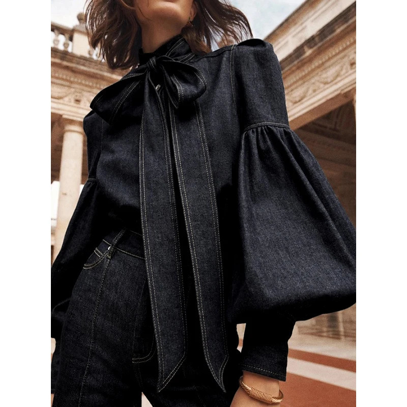 Gymstars trend s denim shirt top womens long puff sleeves bow tie high neck womens autumn shirt 241211