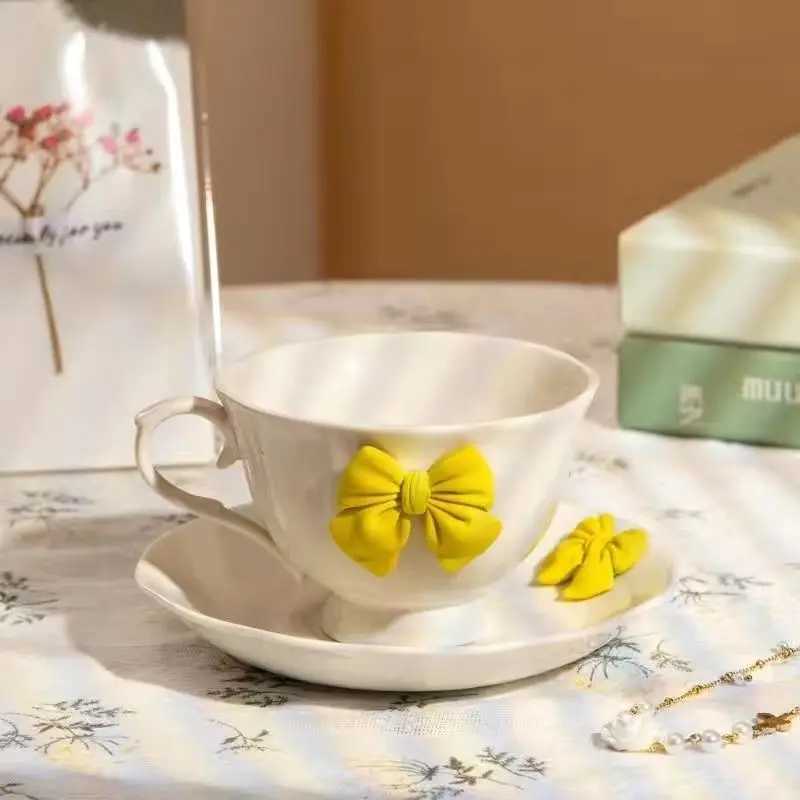 White ceramic coffee cup sauce Exquisite Bow g English Afternoon lia Flower Tea coffee cup breakfast g birthday gift Y241211