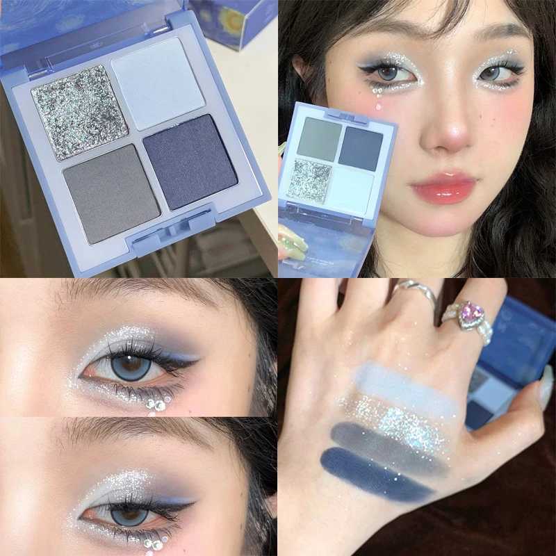 4-color glitter blue eye shadow palette matte fine glitter acrylic eye shadow palette durable waterproof eye shadow cosmeticsW241212