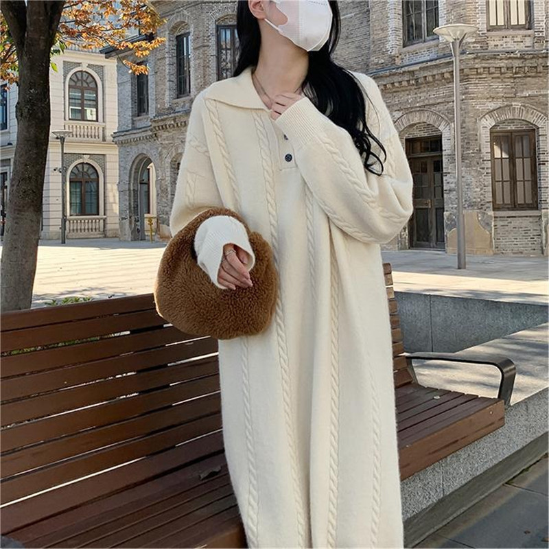 L9232 European and American high-end mid-length knitted dress for women in autumn and winter, large size, thickened and loose bottoming sweater dress