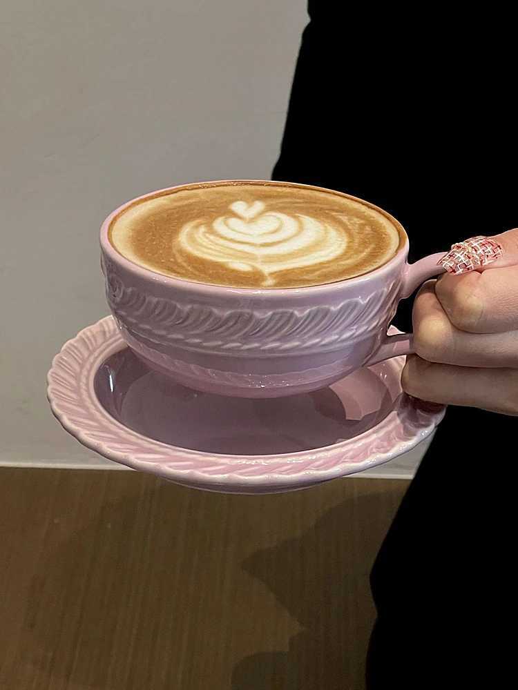 300ml French retro elegant ceramic coffee cup and plate with spoon light luxurious latte Pling cup girls ple style cup and plate set Y241211
