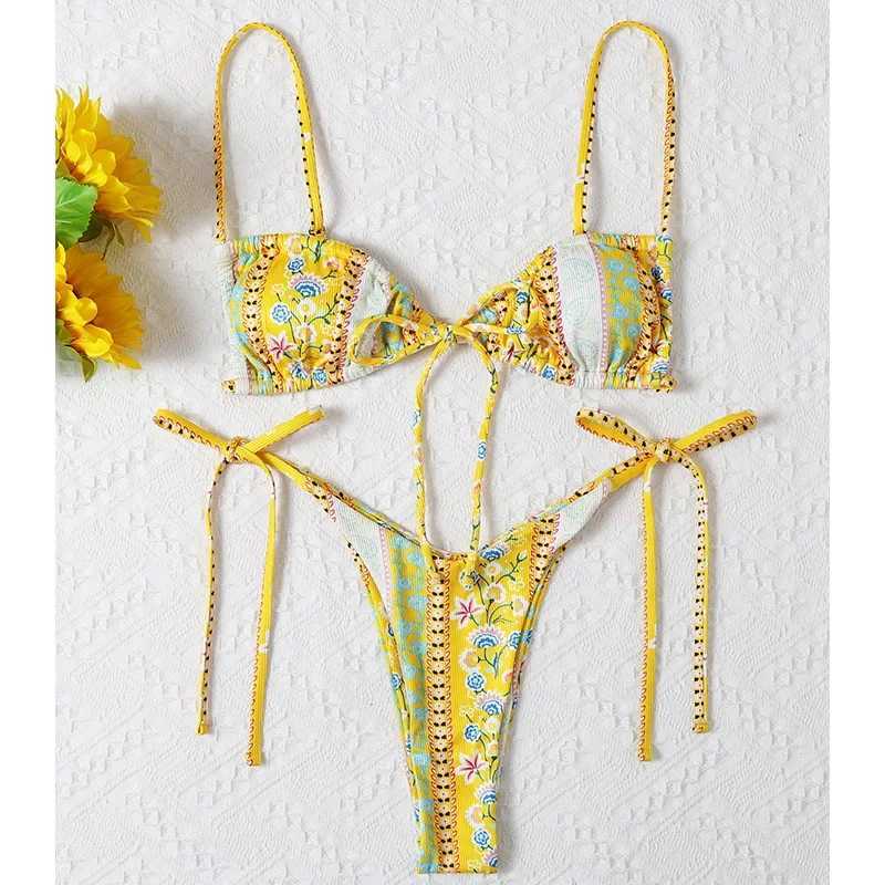 2022 Floral Print String Bandage Bikini Set Swimwear Women Summer Sexy Push Up Bathing Suit Beachwear Halter Biqiuni SwimsuitXJ241212