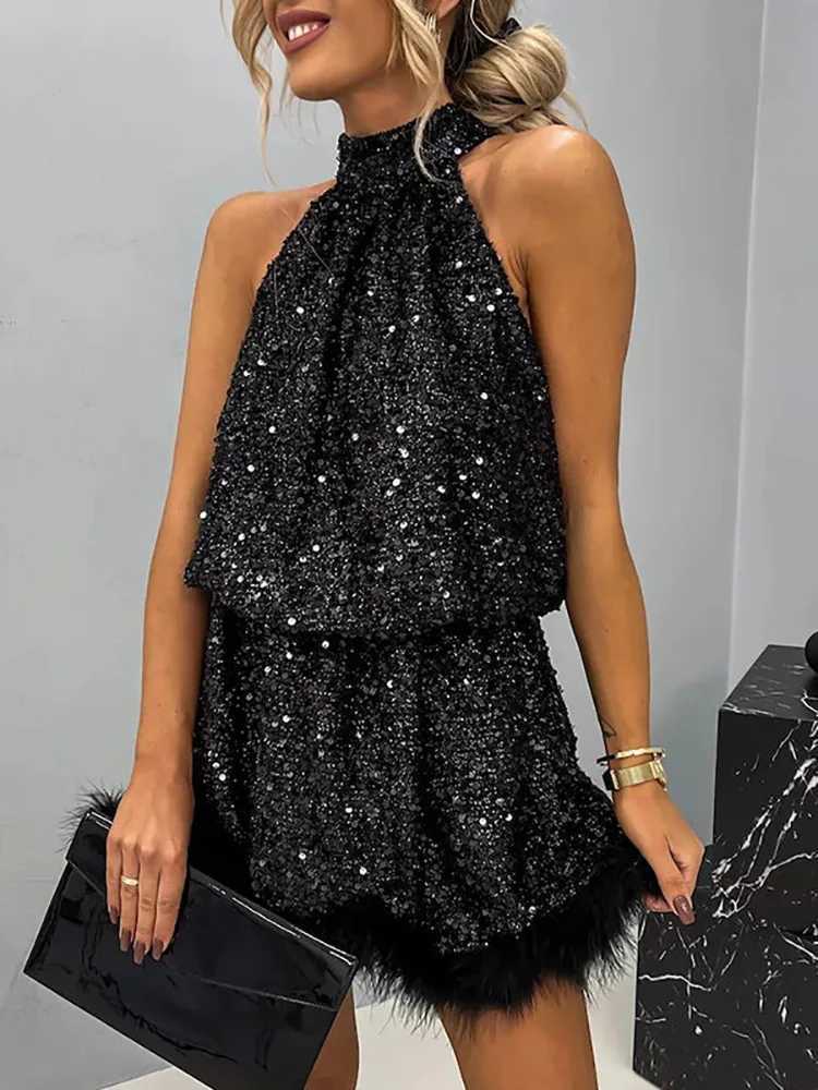 Urban Sexy Dresses 2025 Full Sequins Patchwork Tassel Party Dress Casual Women Summer Off Shoulder Dress Holiday Female Slveless Lacing Up Dress Y2412