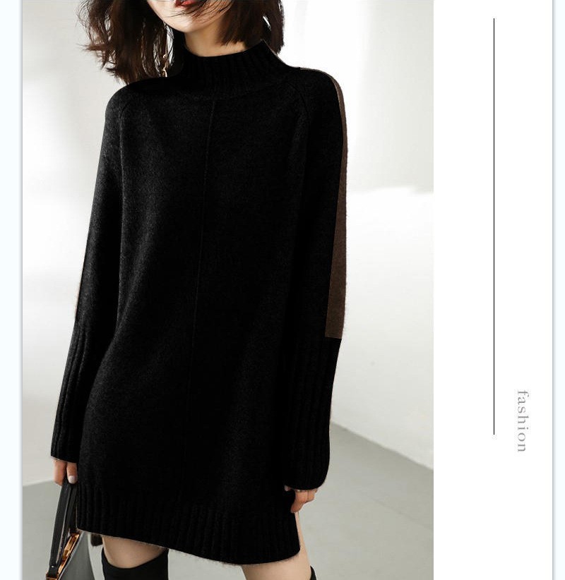 F00 Autumn new style half turtleneck color matching dress sweater women's mid-length top loose large size knitted skirt outer wear