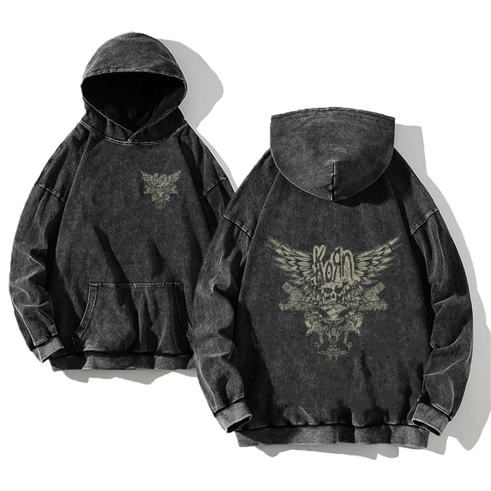 Korn Rock Band World Tour Hoodies Retro Washed Mens Sweaters Cotton Hip Hop Street Clothing Hoodies Zipper Loose Y2K Top 241211