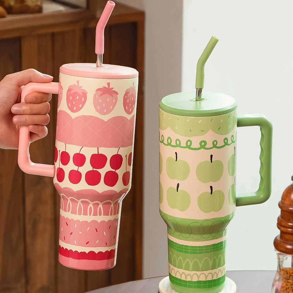 Kawaii Strawberry Water Bottle with Straw 1300ml Cute Crazy Coffee Cup Hot G Teapot Y241211