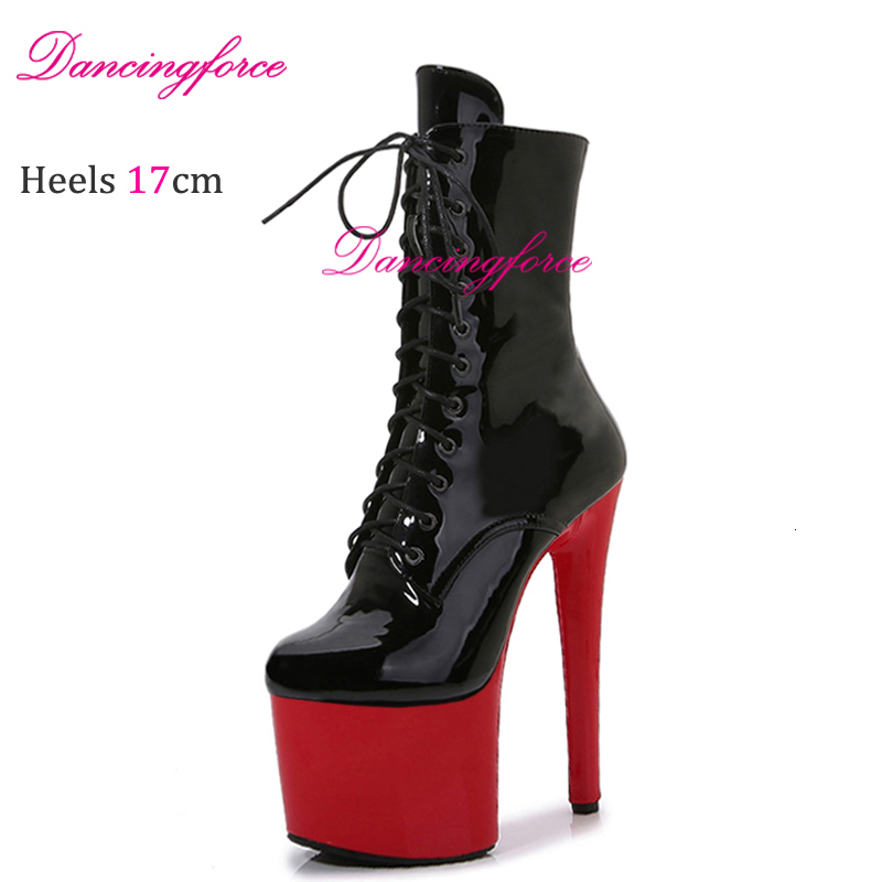 Sexy 17Cm/7In Black Pat Stripper Pole Dance Shoes Gothic Platform Heels Ankle Boots