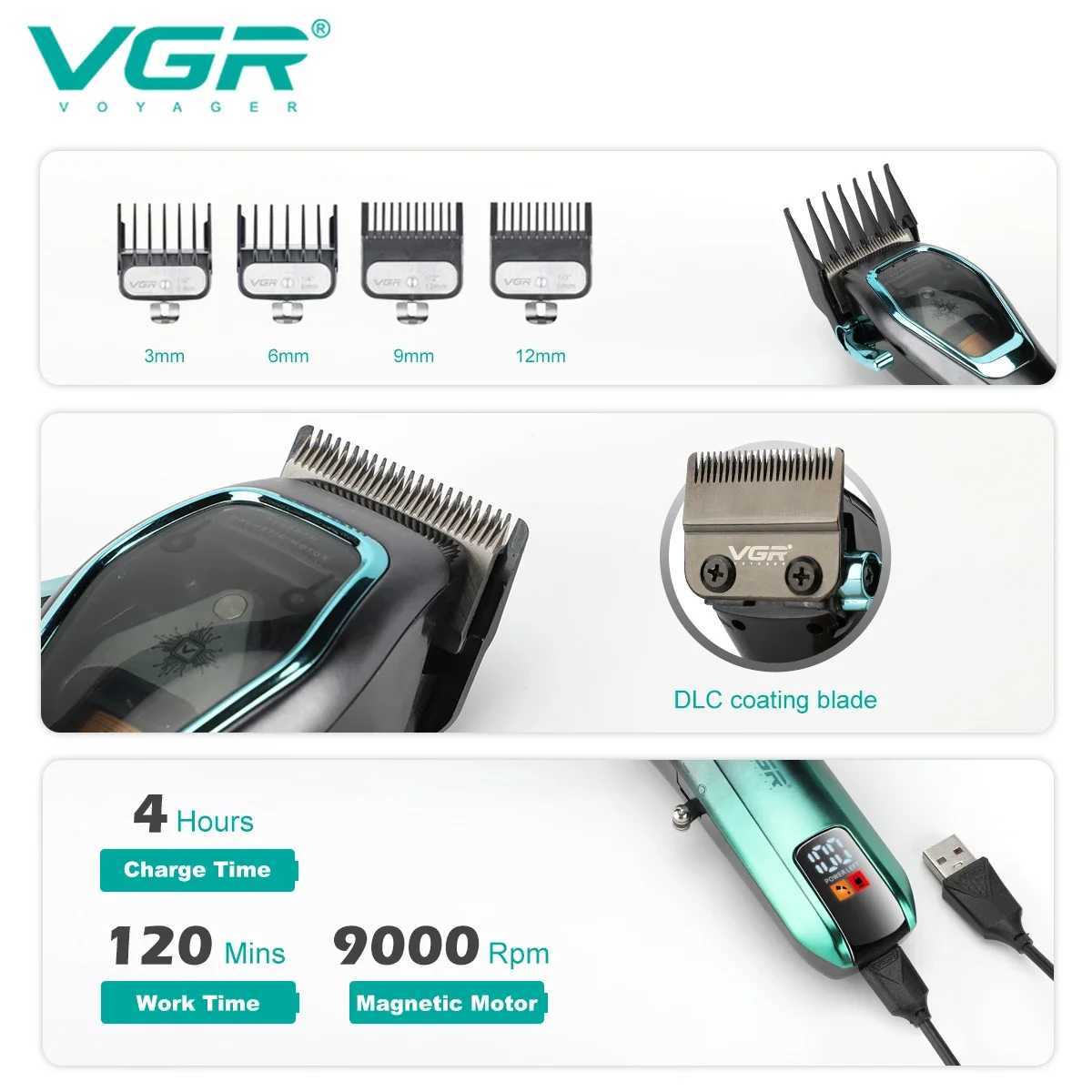 VGR Hair Clipper Cordless Hair Trimmer Professional Haircut Electric Hair Cutting Machine 9000 RPM LED Clipper for Men V-674 W241212